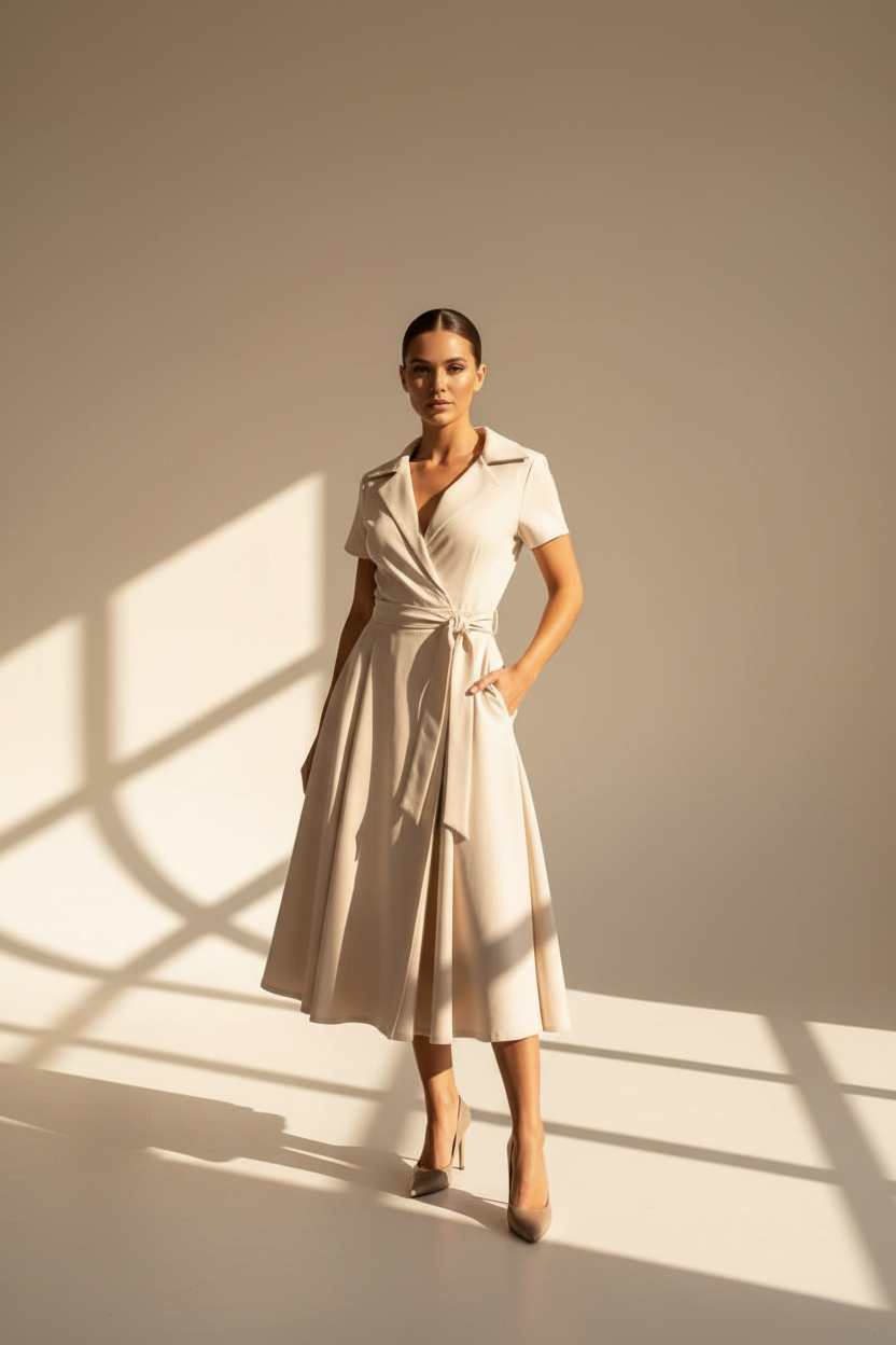 Beige Linen Blend Wrap Midi Dress