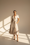 Beige Linen Blend Wrap Midi Dress