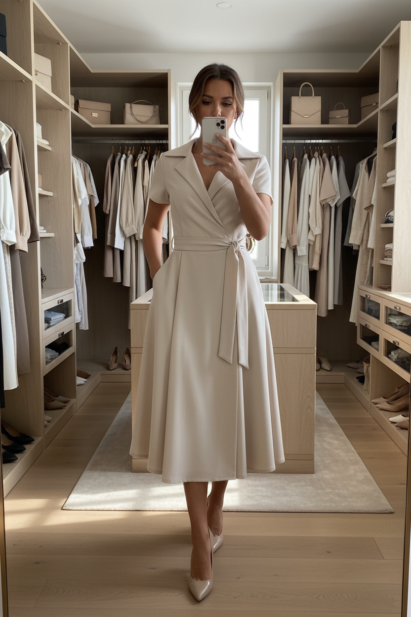 Beige Linen Blend Wrap Midi Dress