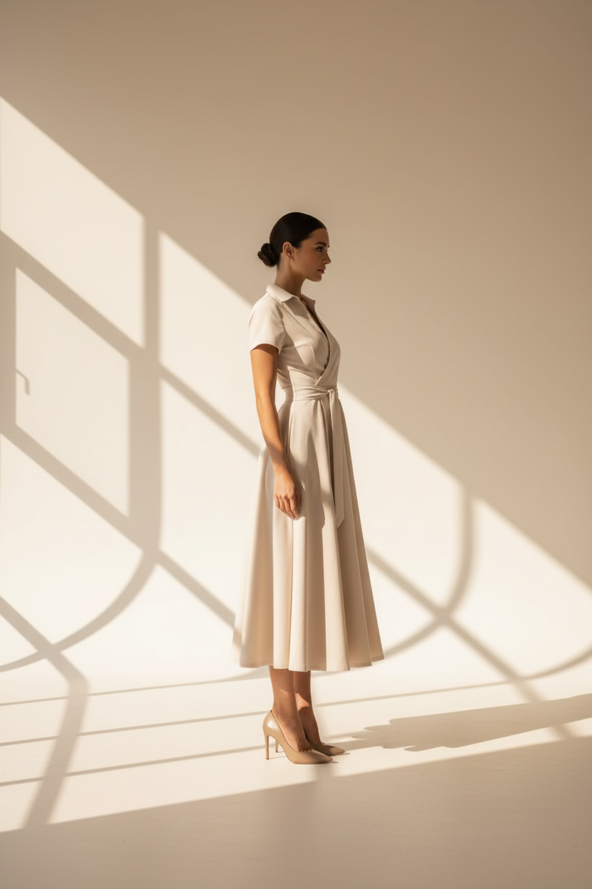 Beige Linen Blend Wrap Midi Dress