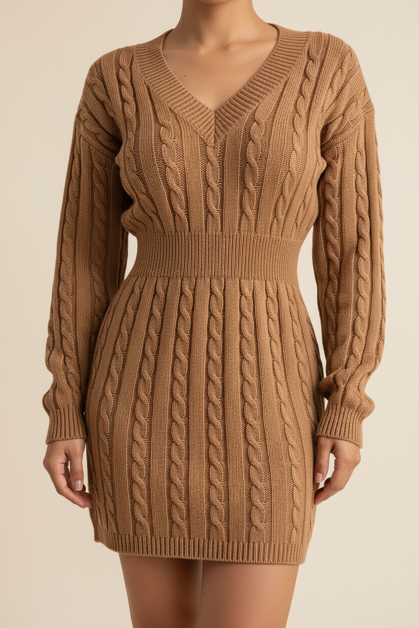 Cable Knit V-Neck Mini Dress