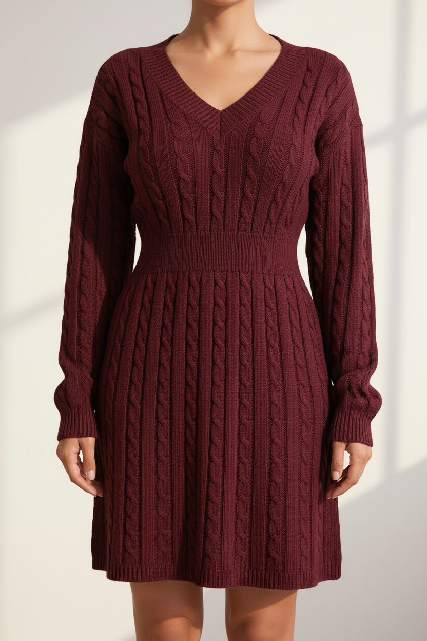 Cable Knit V-Neck Mini Dress