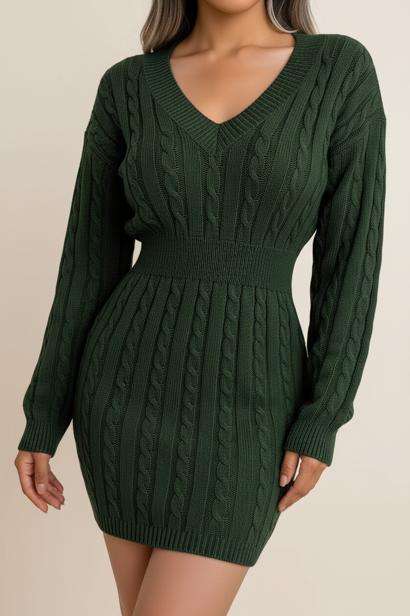Cable Knit V-Neck Mini Dress