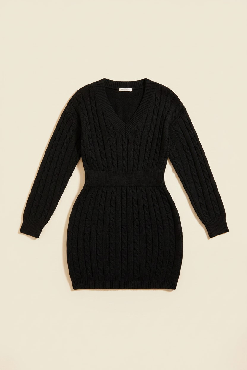 Cable Knit V-Neck Mini Dress