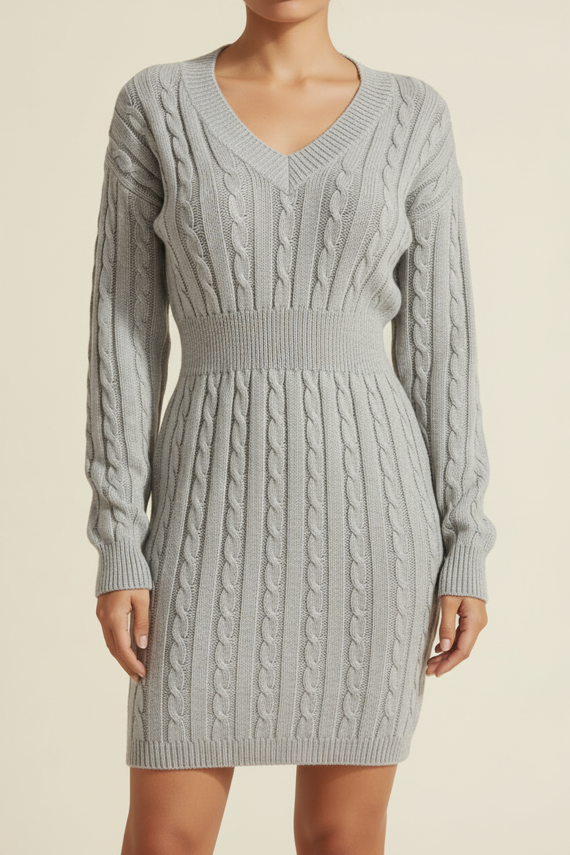 Cable Knit V-Neck Mini Dress