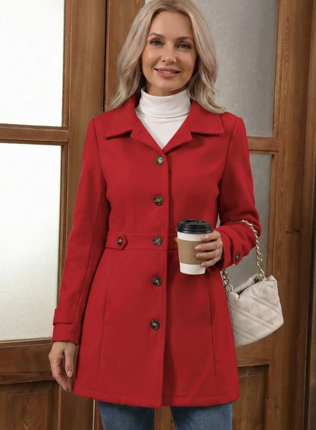 Fitted Wool Coat with Belted Waist Detail and Wide Collar