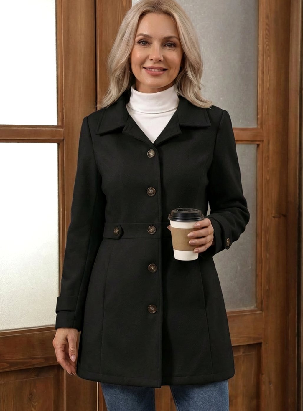 Fitted Wool Coat with Belted Waist Detail and Wide Collar