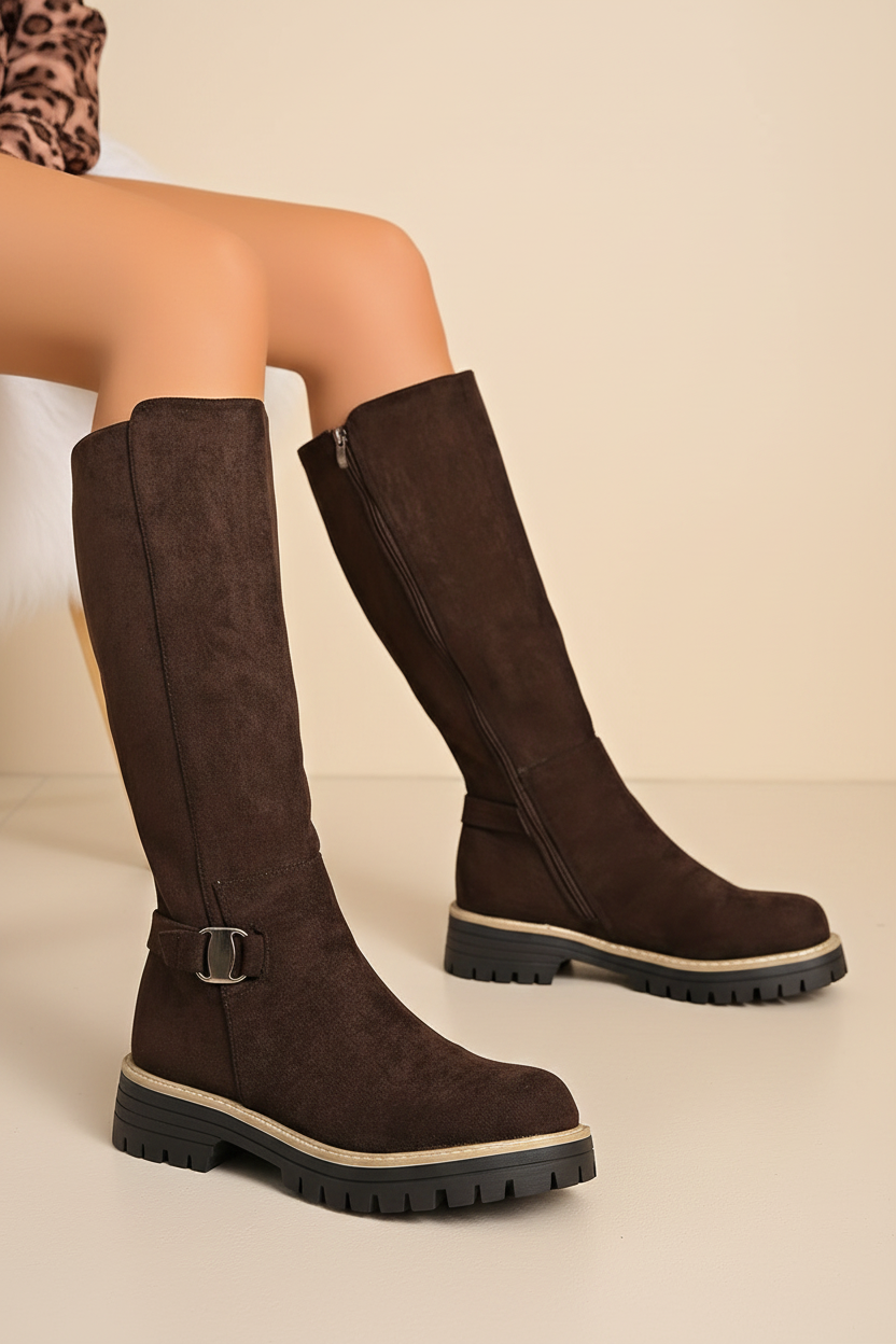 Knee High Buckle Lug Sole Boots