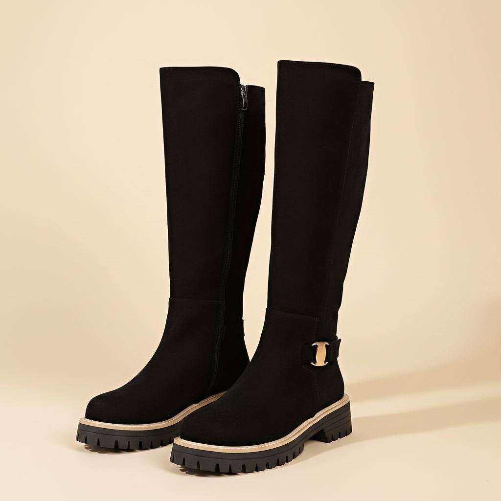 Knee High Buckle Lug Sole Boots