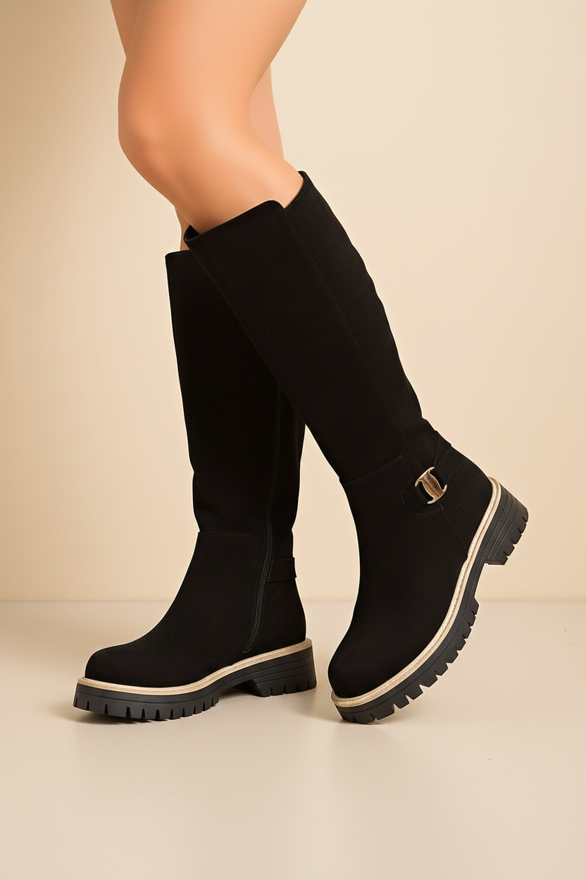 Knee High Buckle Lug Sole Boots