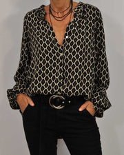 Geometric Print Blouse with Ruffle Collar and Long Sleeves