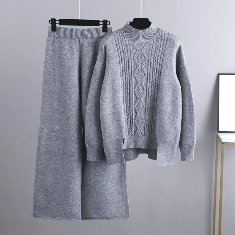 Women's Cable Knit Loungewear Set with Ribbed Trim