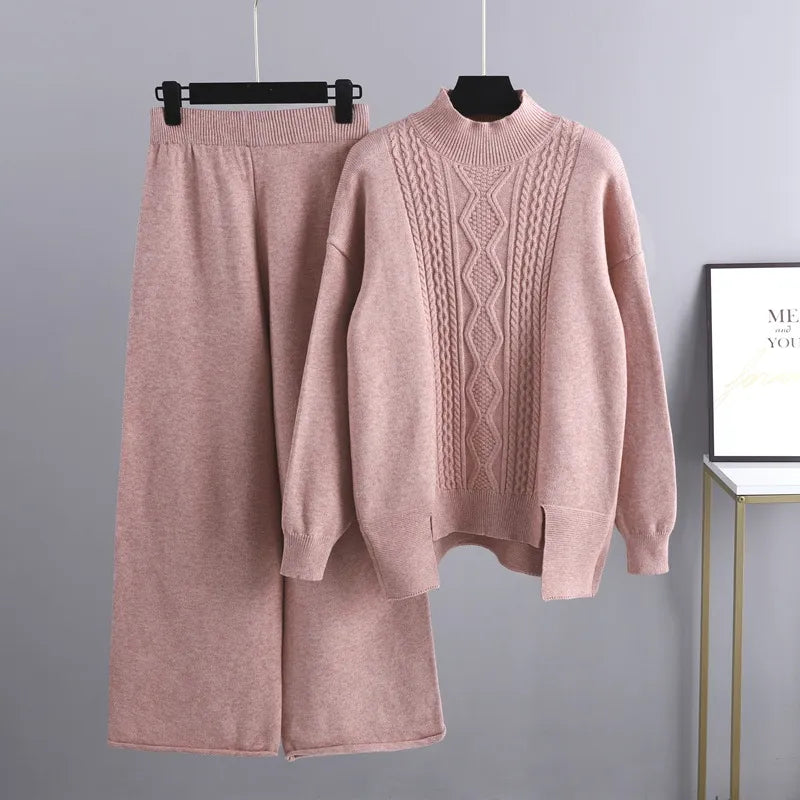 Women's Cable Knit Loungewear Set with Ribbed Trim