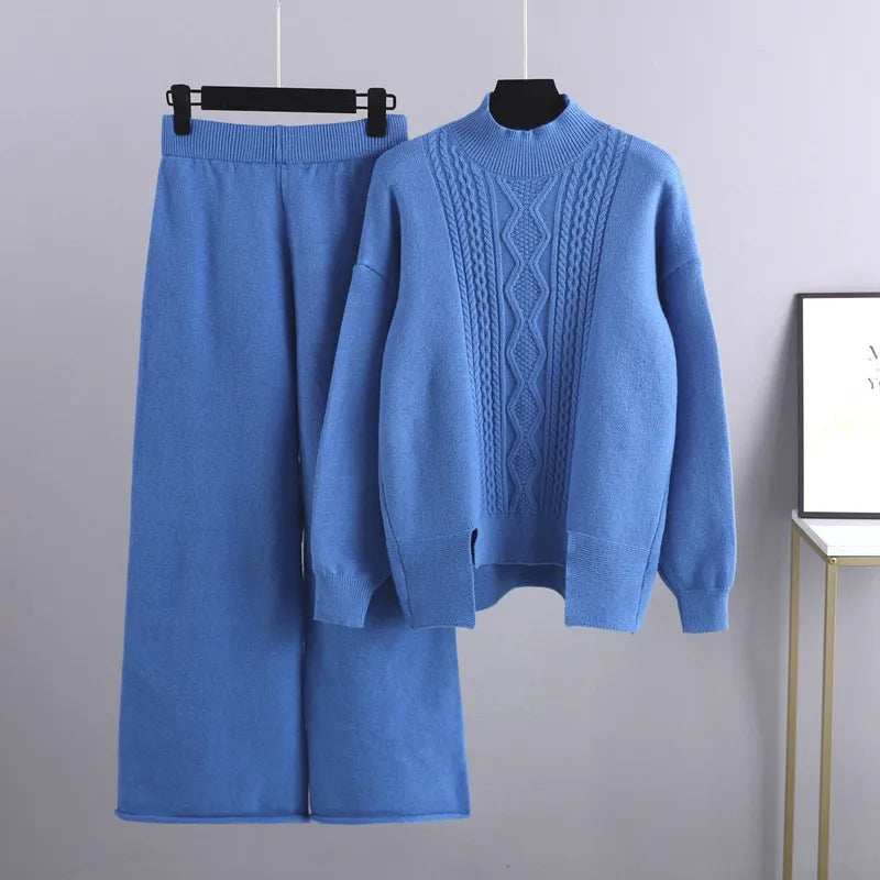 Women's Cable Knit Loungewear Set with Ribbed Trim