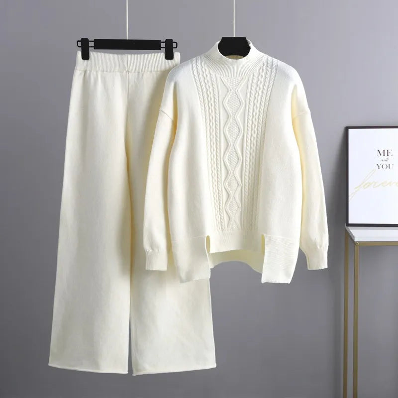 Women's Cable Knit Loungewear Set with Ribbed Trim