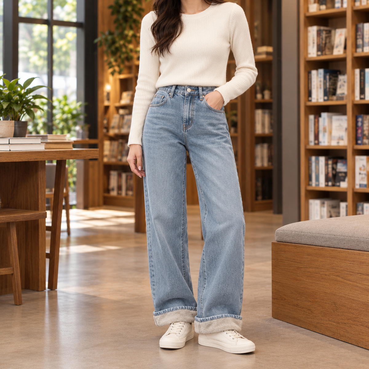 High Rise Wide Leg Jeans with Warm Fleece Lining
