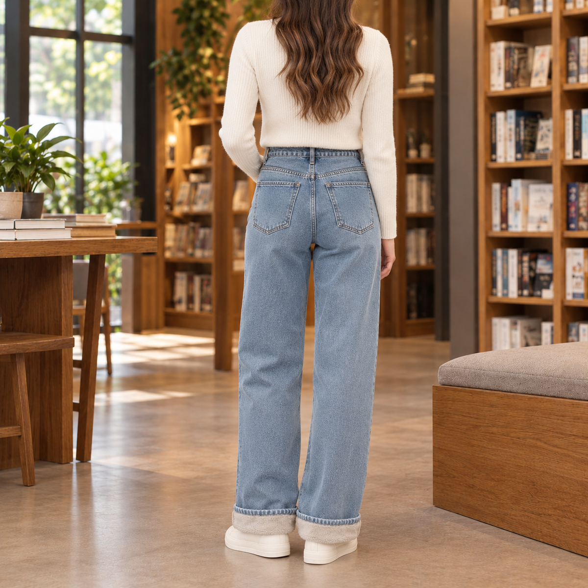 High Rise Wide Leg Jeans with Warm Fleece Lining