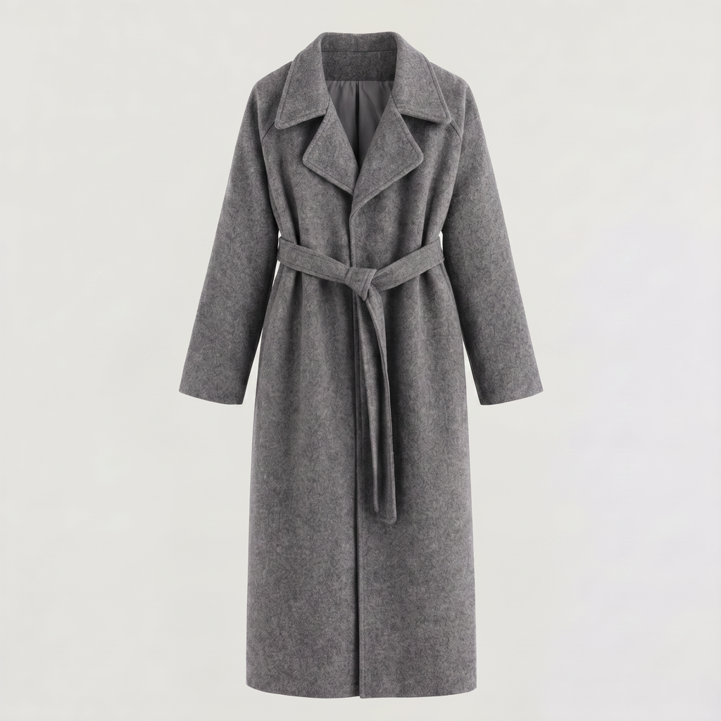 Wool Blend Belted Wrap Long Coat