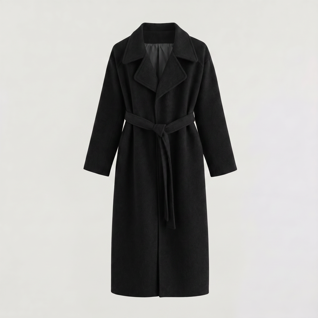 Wool Blend Belted Wrap Long Coat