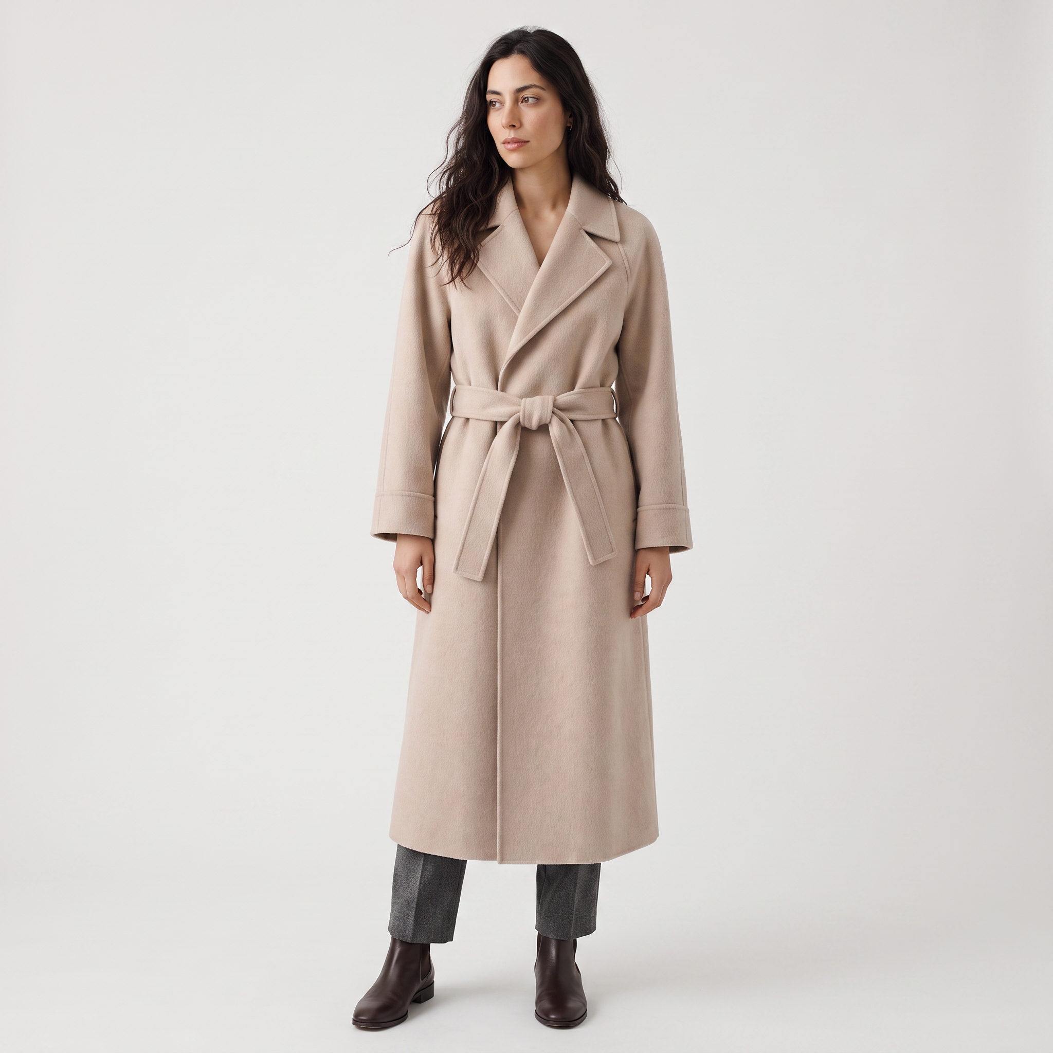 Wool Blend Belted Wrap Long Coat