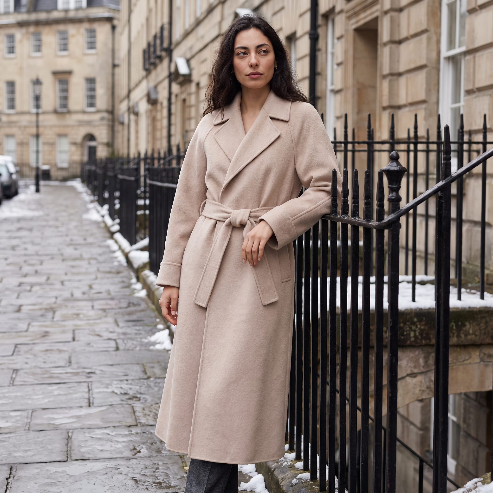Wool Blend Belted Wrap Long Coat