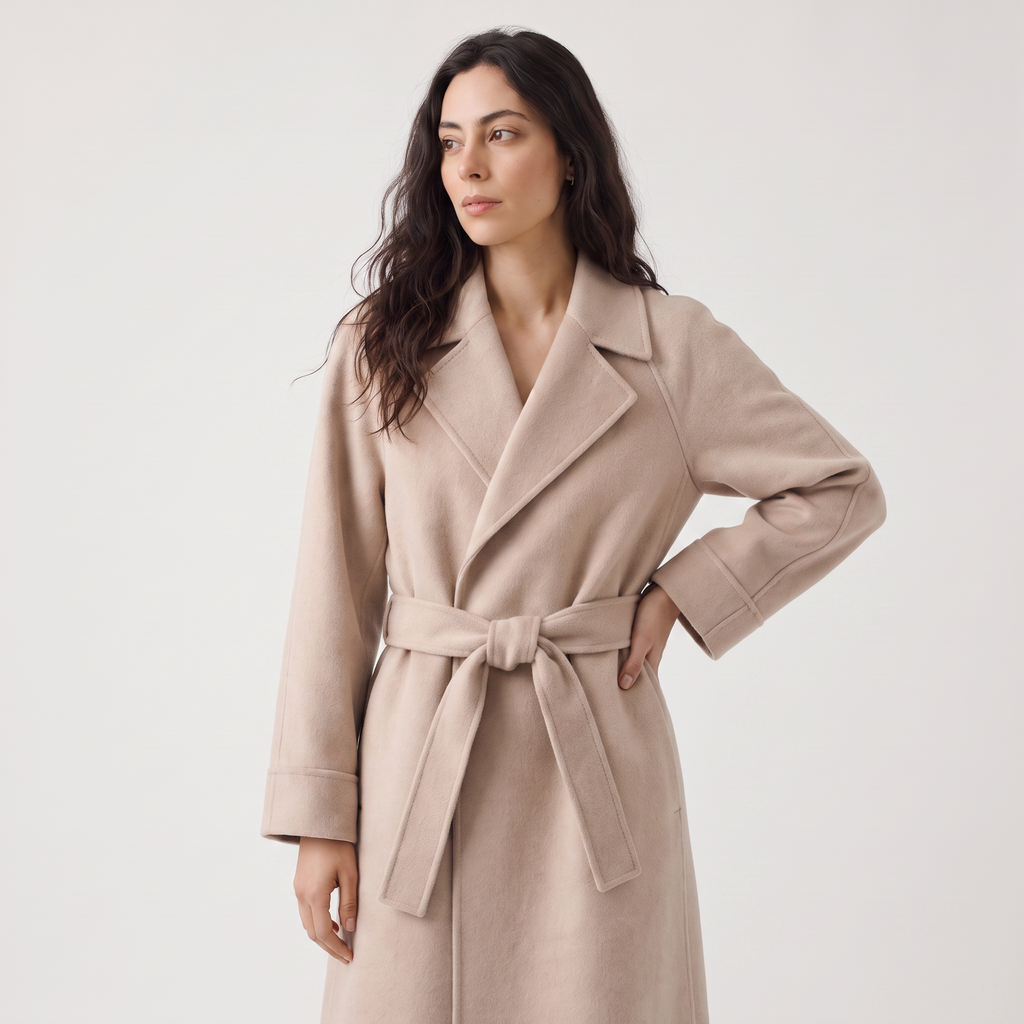 Wool Blend Belted Wrap Long Coat