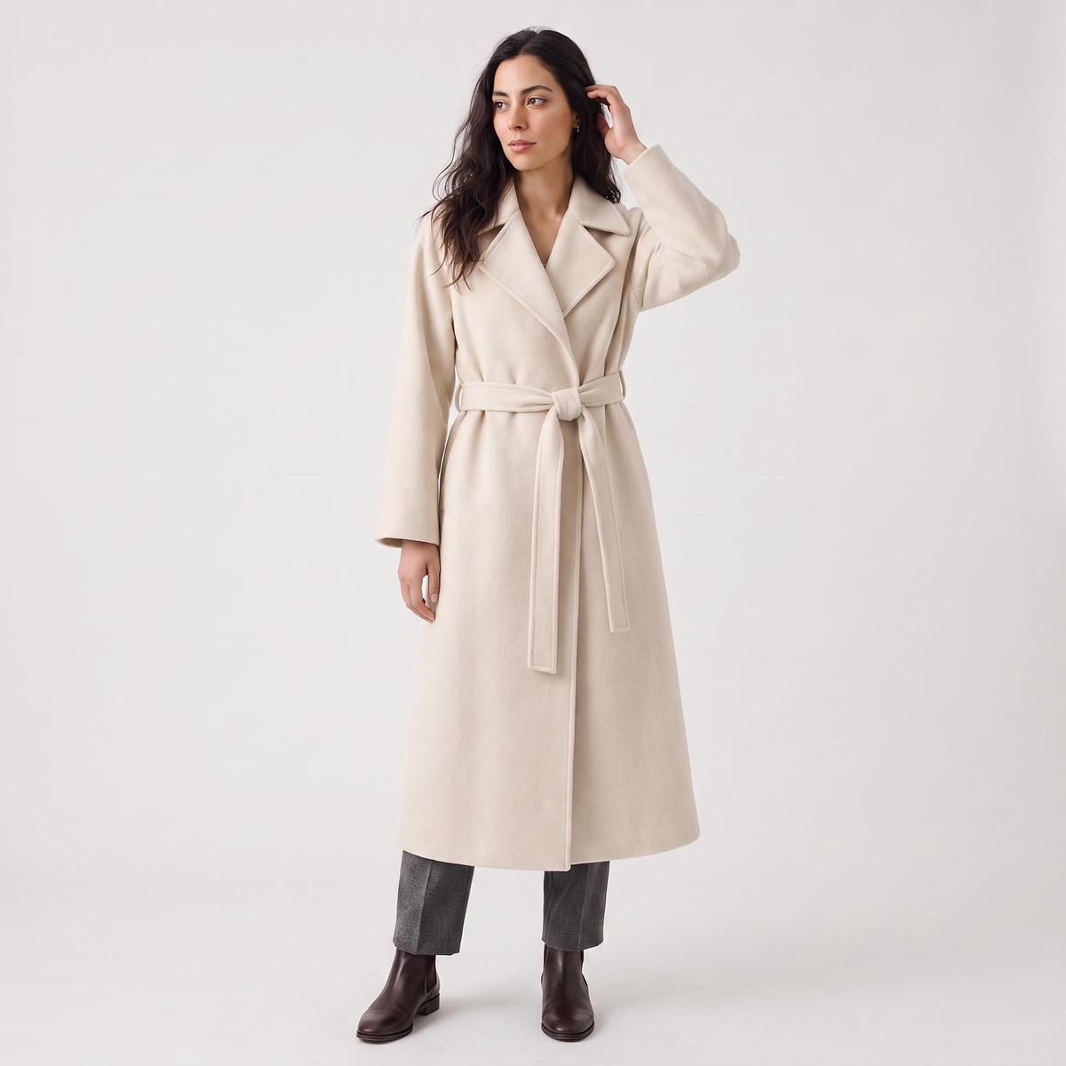 Wool Blend Belted Wrap Long Coat