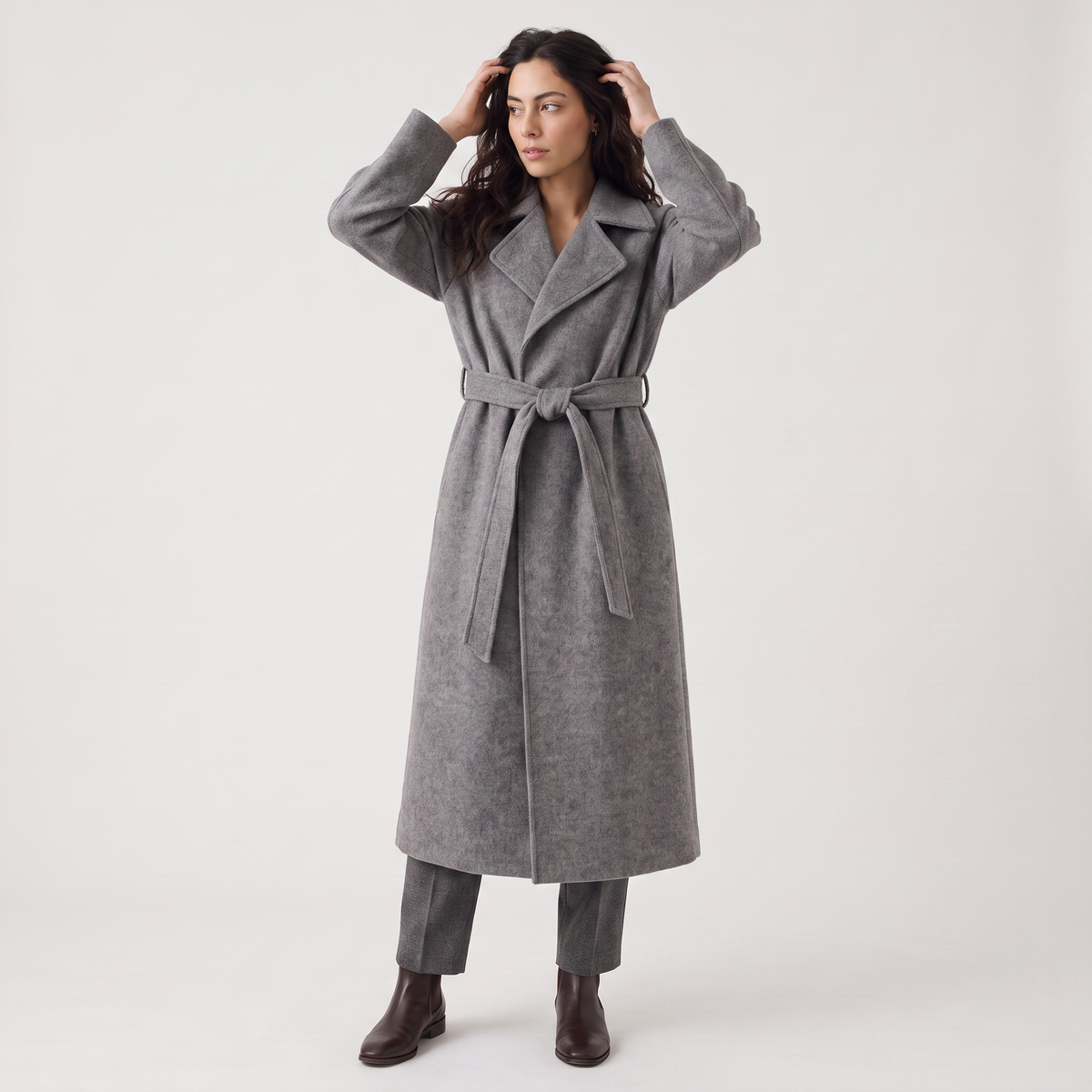 Wool Blend Belted Wrap Long Coat