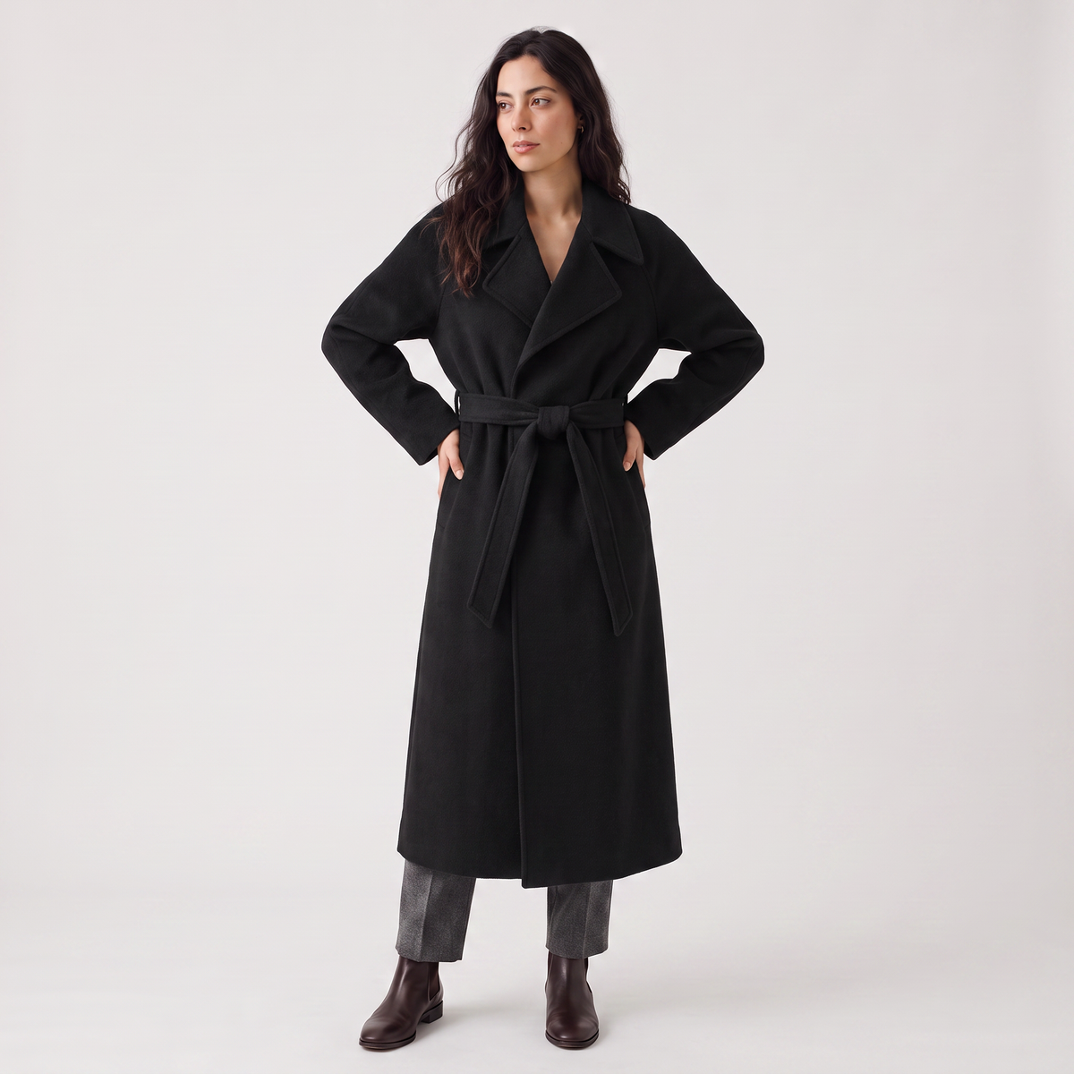 Wool Blend Belted Wrap Long Coat