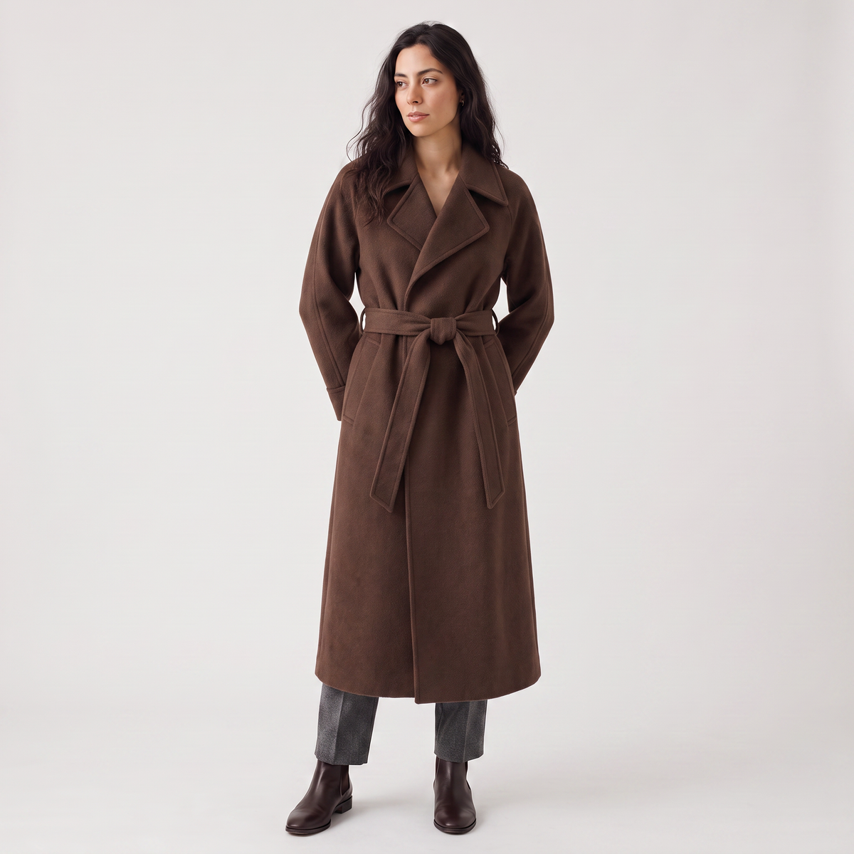 Wool Blend Belted Wrap Long Coat
