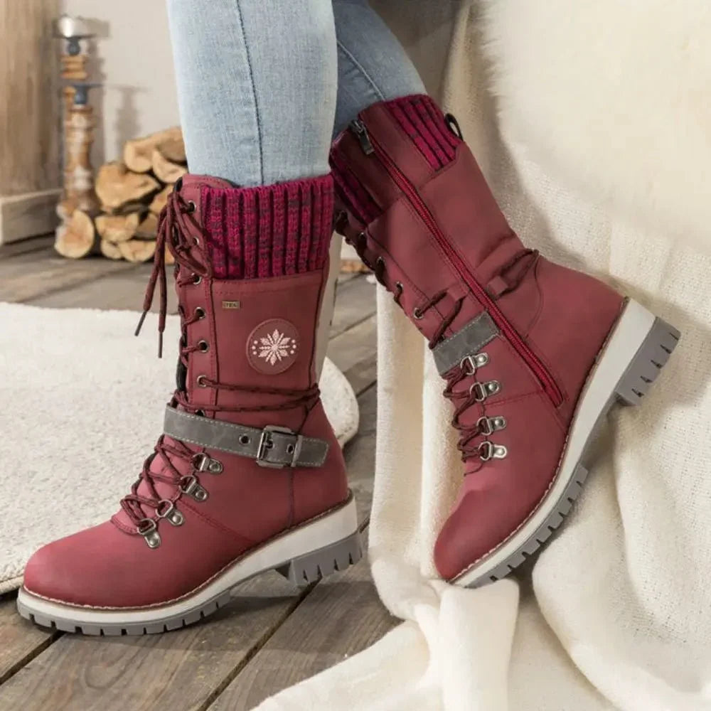 Insulated Lace Up Winter Boots with Knit Cuff and Buckle Detail