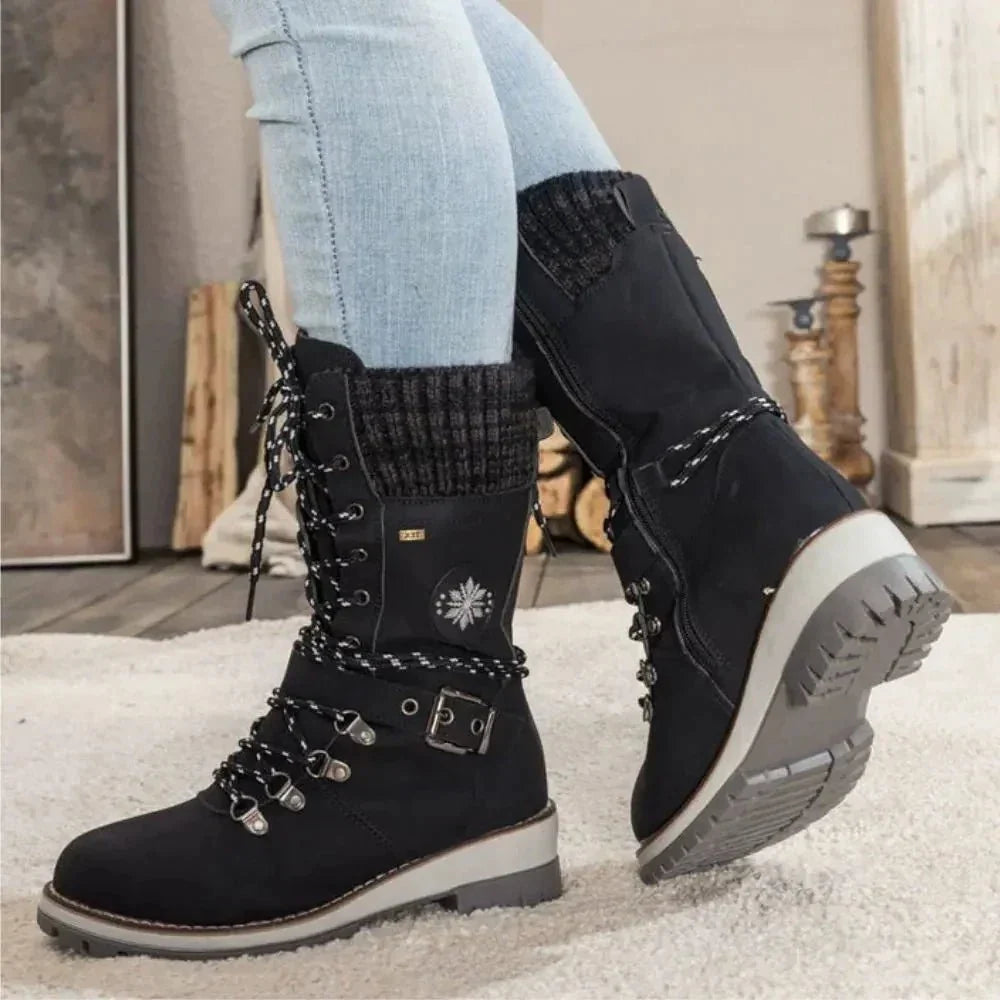 Insulated Lace Up Winter Boots with Knit Cuff and Buckle Detail