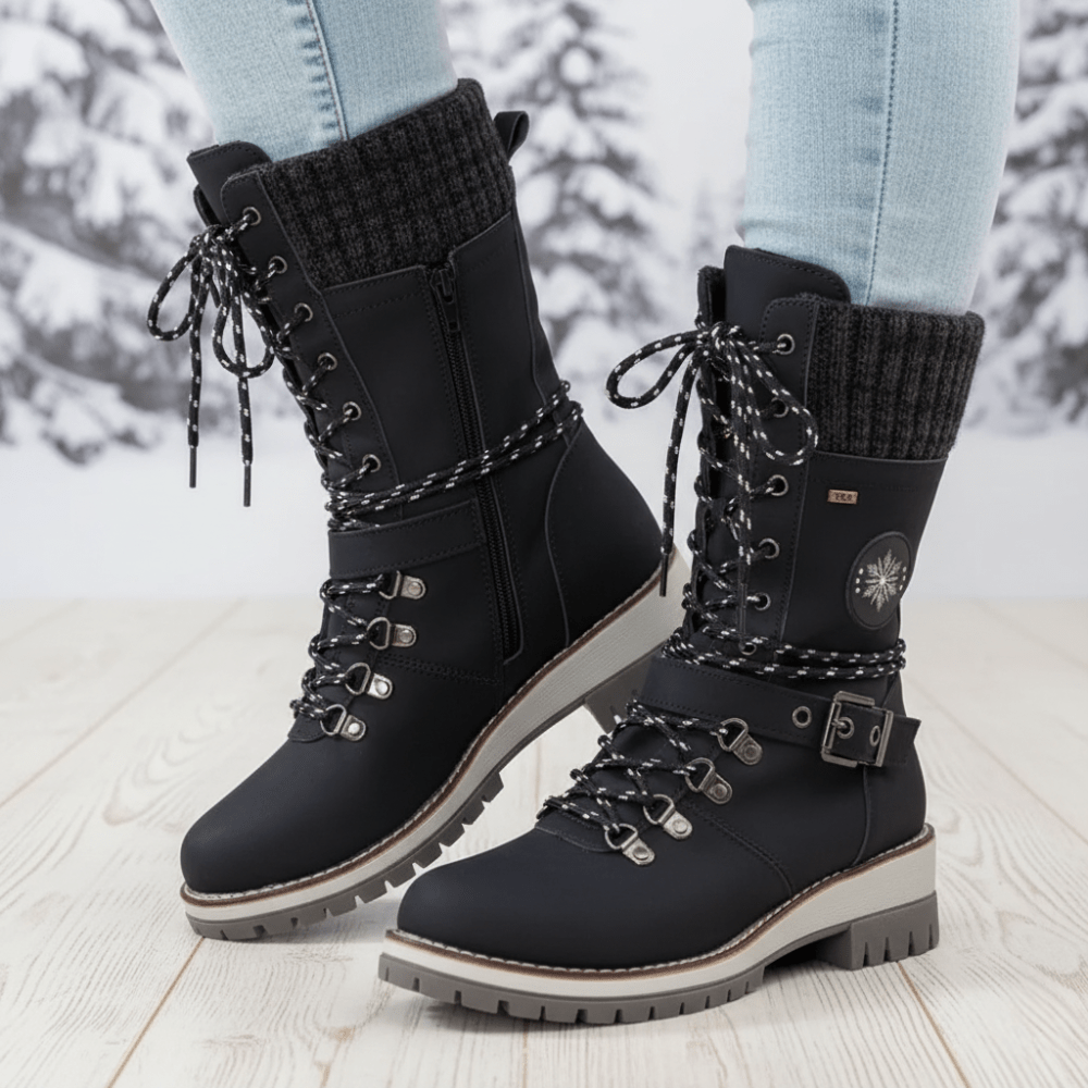 Insulated Lace Up Winter Boots with Knit Cuff and Buckle Detail
