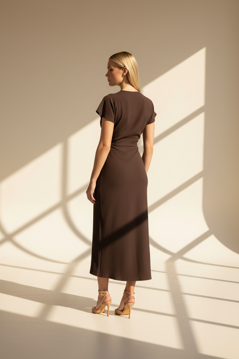 Ruched V-Neck Midi Dress
