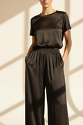 Elastic Waist Satin Wide Leg Trousers