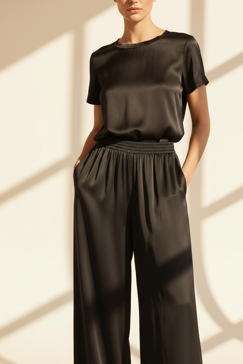 Elastic Waist Satin Wide Leg Trousers