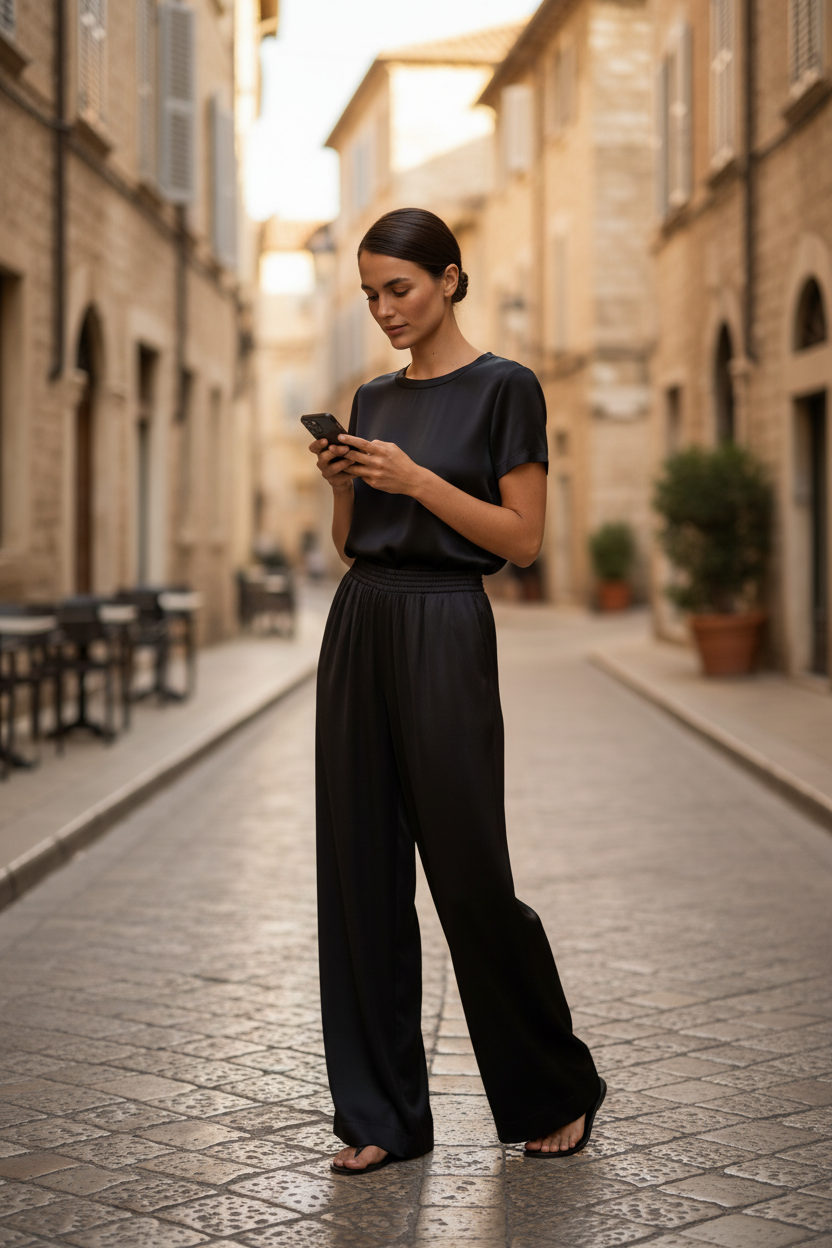 Elastic Waist Satin Wide Leg Trousers