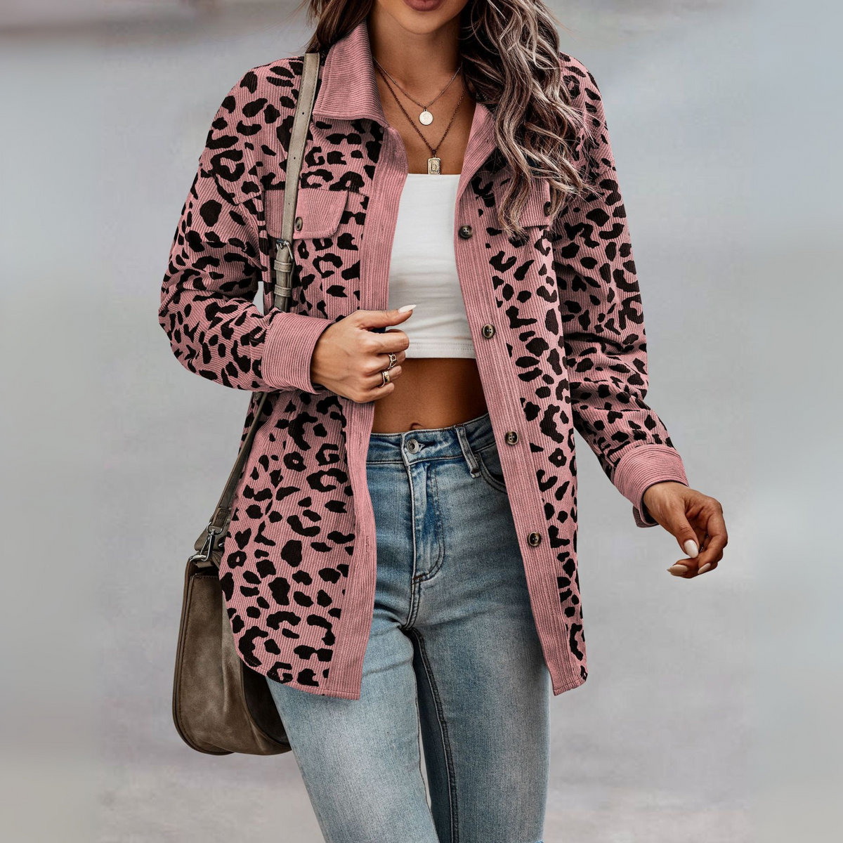 Leopard Print Shacket with Corduroy Trim and Chest Pockets