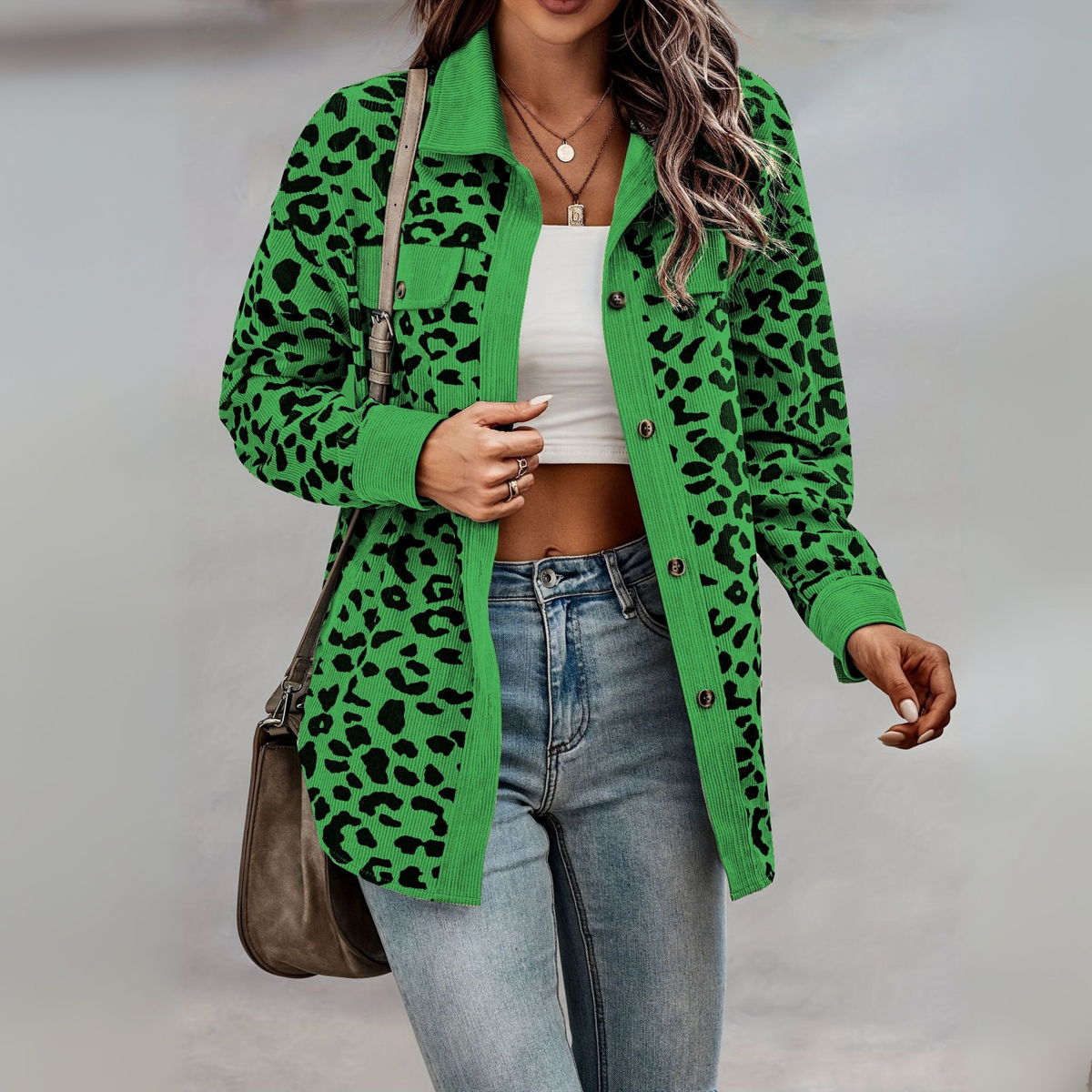 Leopard Print Shacket with Corduroy Trim and Chest Pockets
