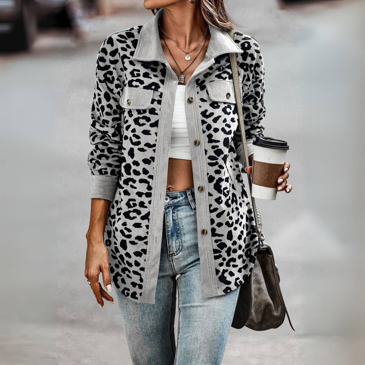 Leopard Print Shacket with Corduroy Trim and Chest Pockets