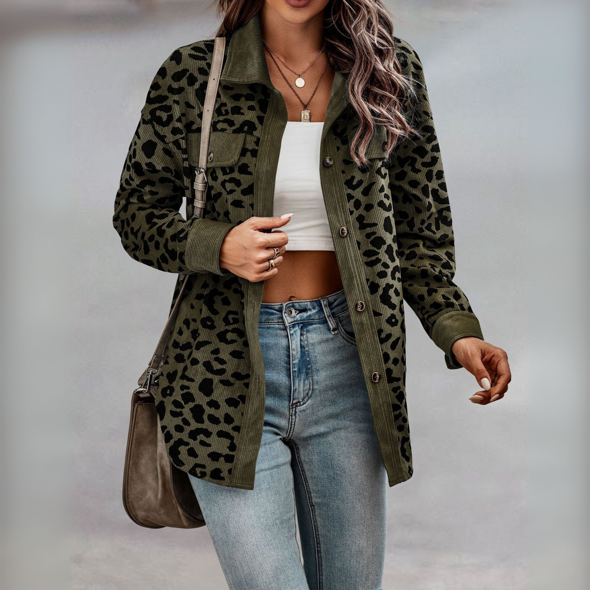Leopard Print Shacket with Corduroy Trim and Chest Pockets
