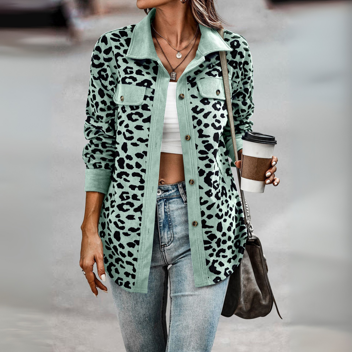 Leopard Print Shacket with Corduroy Trim and Chest Pockets