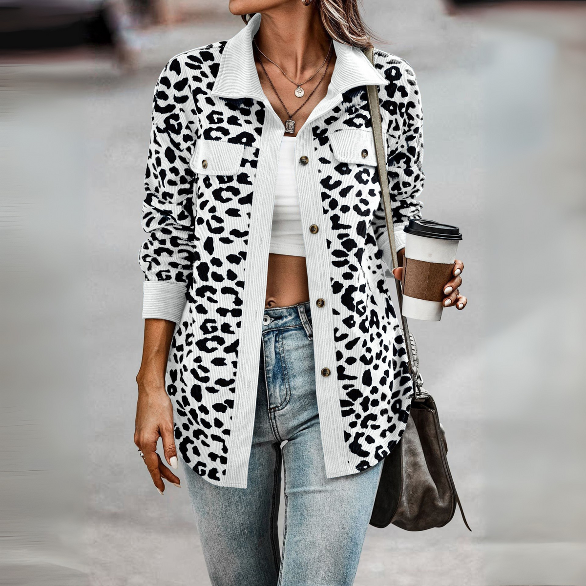 Leopard Print Shacket with Corduroy Trim and Chest Pockets