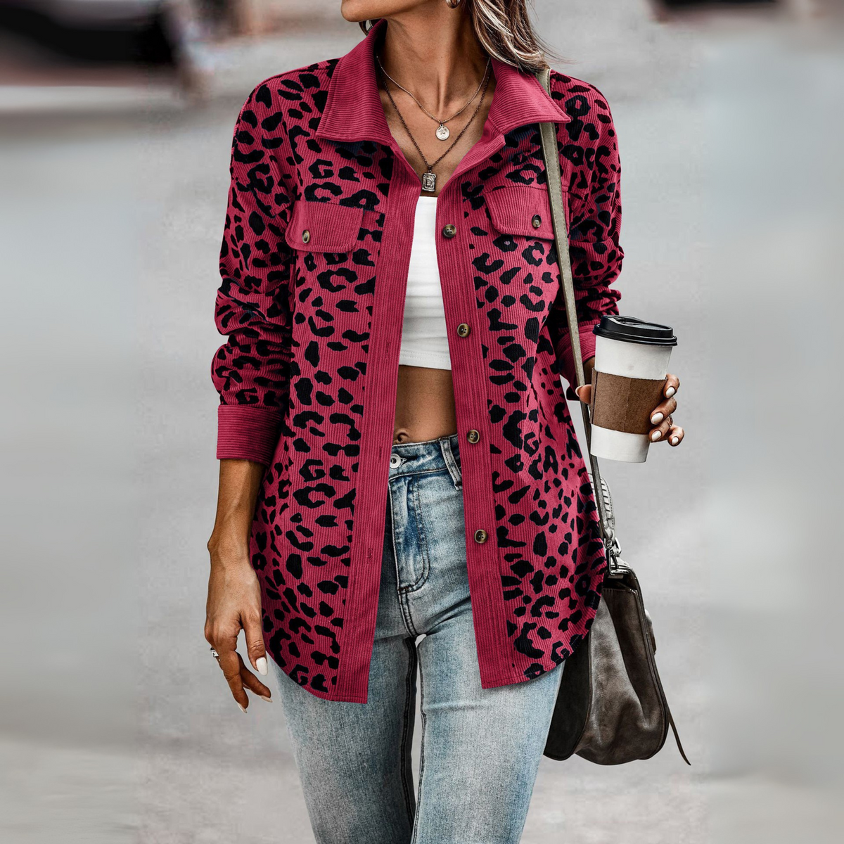 Leopard Print Shacket with Corduroy Trim and Chest Pockets