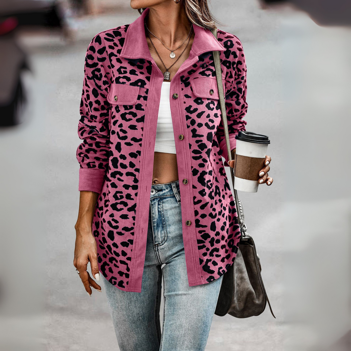 Leopard Print Shacket with Corduroy Trim and Chest Pockets