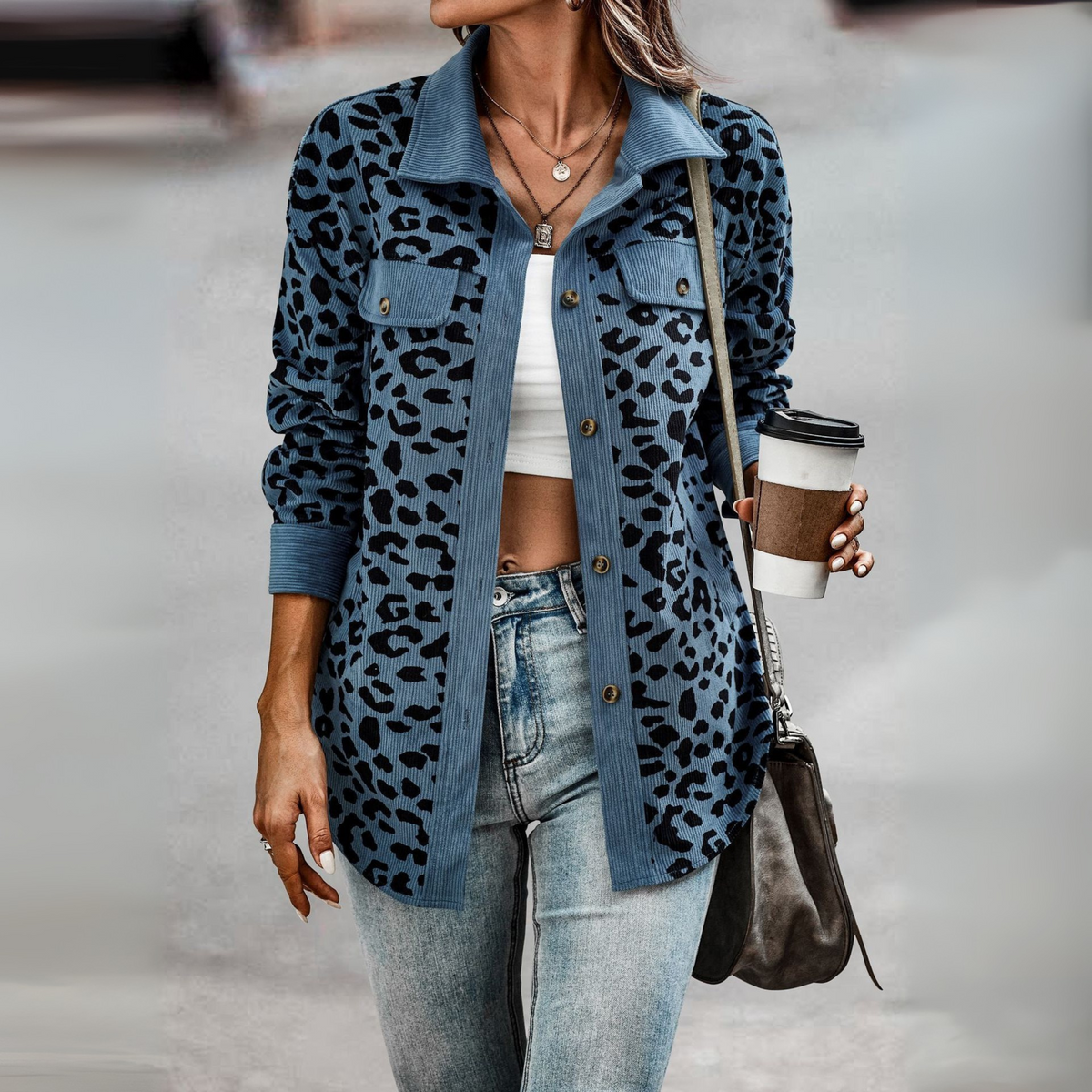 Leopard Print Shacket with Corduroy Trim and Chest Pockets