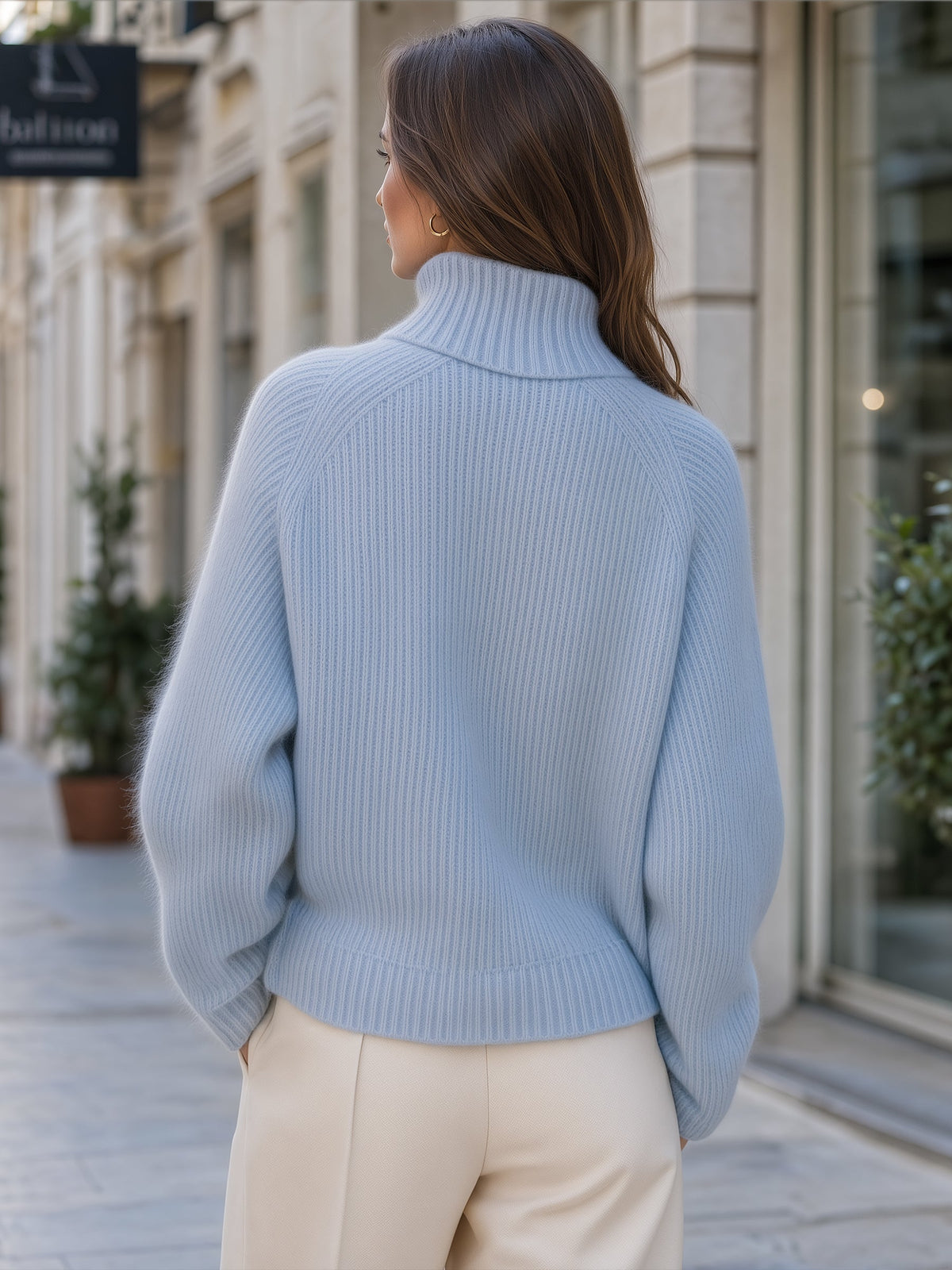 Light Blue Half Zip Ribbed Sweater with Stand Collar