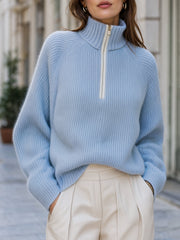Light Blue Half Zip Ribbed Sweater with Stand Collar