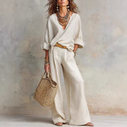 Linen Two Piece Set with V-Neck Top and Wide Leg Trousers