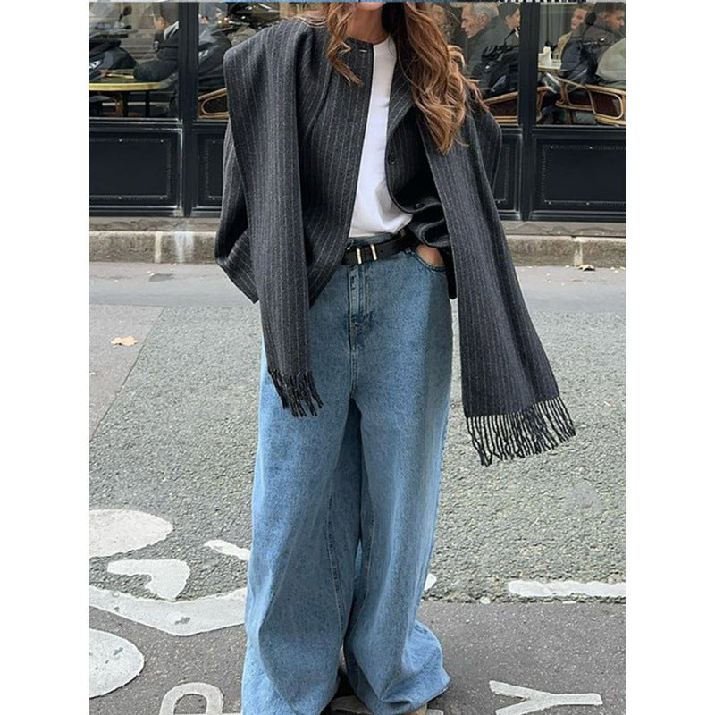 Women's Pinstripe Oversized Blazer with Fringe Detail